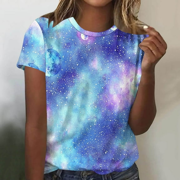 Itsame Summer Womens Printed T-Shirt Casual Short Sleeved Shirt Tops Round Neck Blouses Purple Size L
