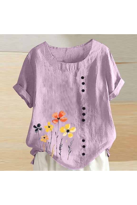 Summer Womens Printed T-Shirt Casual Short Sleeved Shirt Tops Round Neck Button Cotton Blouses Purple Size L