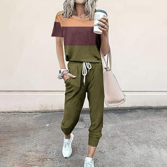 Itsame Sweatsuits 2pc Sets Womens Short Sleeved and Pants Fashionable Loose Shirt and Pants Two PC Brown Size M