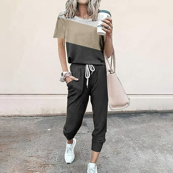 Itsame Sweatsuits 2pc Sets Womens Short Sleeved and Pants Fashionable Loose Shirt and Pants Two PC Khaki Size L