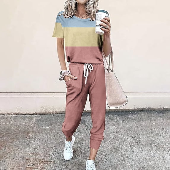 Itsame Sweatsuits 2pc Sets Womens Short Sleeved and Pants Fashionable Loose Shirt and Pants Two PC Light Blue Size S