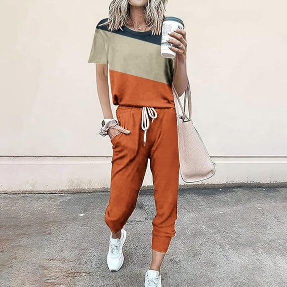 Itsame Sweatsuits 2pc Sets Womens Short Sleeved and Pants Fashionable Loose Shirt and Pants Two PC Orange Size 2XL