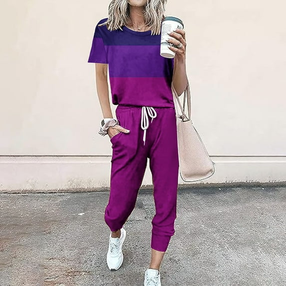 Itsame Sweatsuits 2pc Sets Womens Short Sleeved and Pants Fashionable Loose Shirt and Pants Two PC Purple Size S