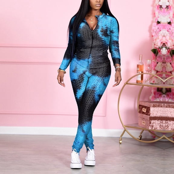 Itsame Sweatsuits 2pcs Sets for Womens Long Sleeved Sweatshirt and Pants Printed Zipper Tie Dyeing Stand-Up Collar Women Athletic Outfit Sets Black Size L