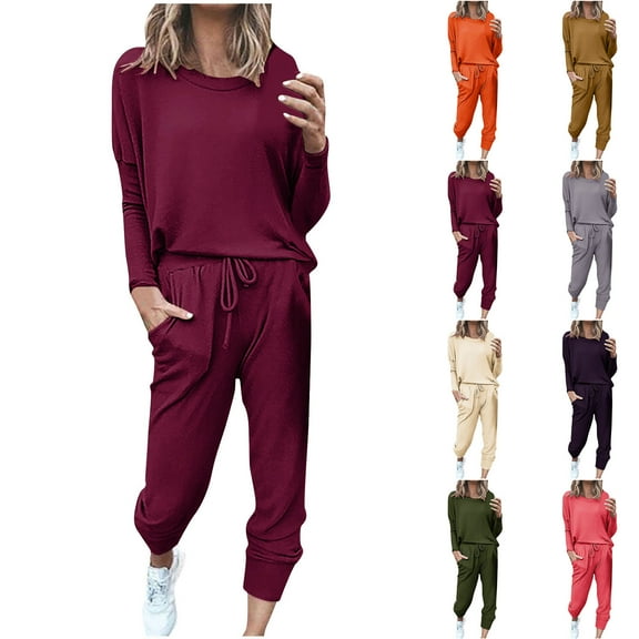Itsame Sweatsuits 2pcs Sets for Womens Long Sleeved Sweatshirt and Pants Pocket Relaxed Solid Color Round Neck Casual Set Orange Size L