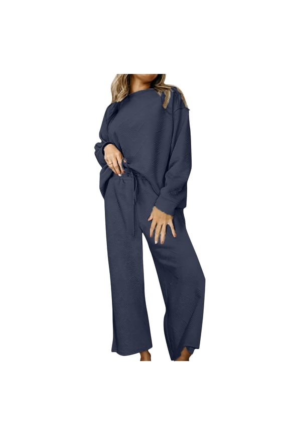 Sweatsuits 2pcs Sets for Womens Long Sleeved Sweatshirt and Pants Relaxed Solid Color Women Athletic Outfit Sets Dark Blue Size S