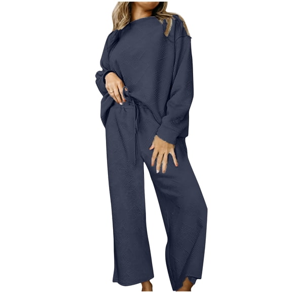 Itsame Sweatsuits 2pcs Sets for Womens Long Sleeved Sweatshirt and Pants Relaxed Solid Color Women Athletic Outfit Sets Dark Blue Size S