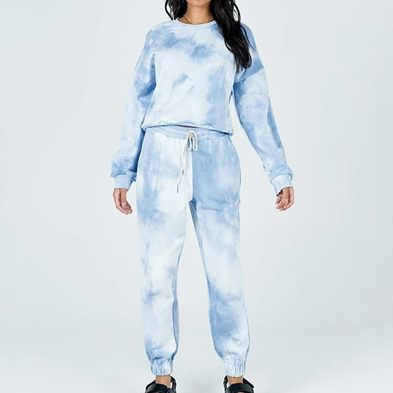 Itsame Sweatsuits 2pcs Sets for Womens Long Sleeved Sweatshirt and Pants Round Neck Tie Dyeing Women Athletic Outfit Sets Light Blue Size S