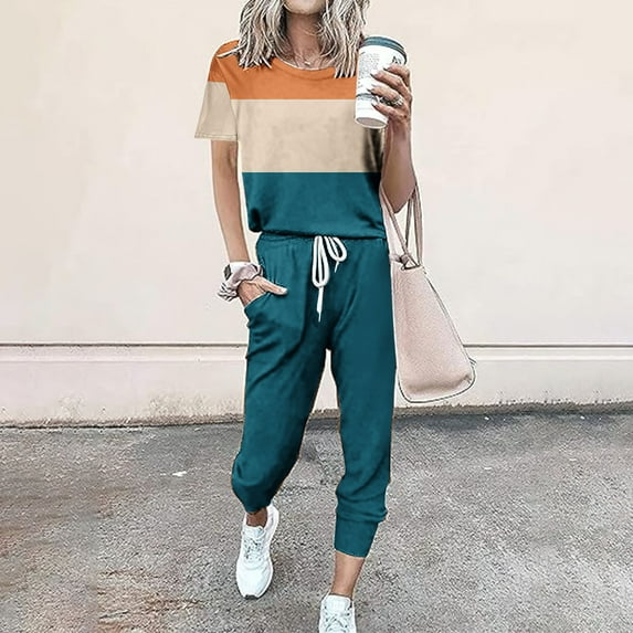 Itsame Tops and Pants Activewear Set Women Fashionable Loose Shirt and Pants Two PC Navy Size S