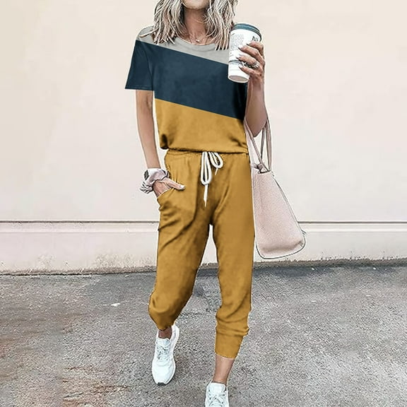 Itsame Tops and Pants Activewear Set Women Fashionable Loose Shirt and Pants Two PC Yellow Size 2XL