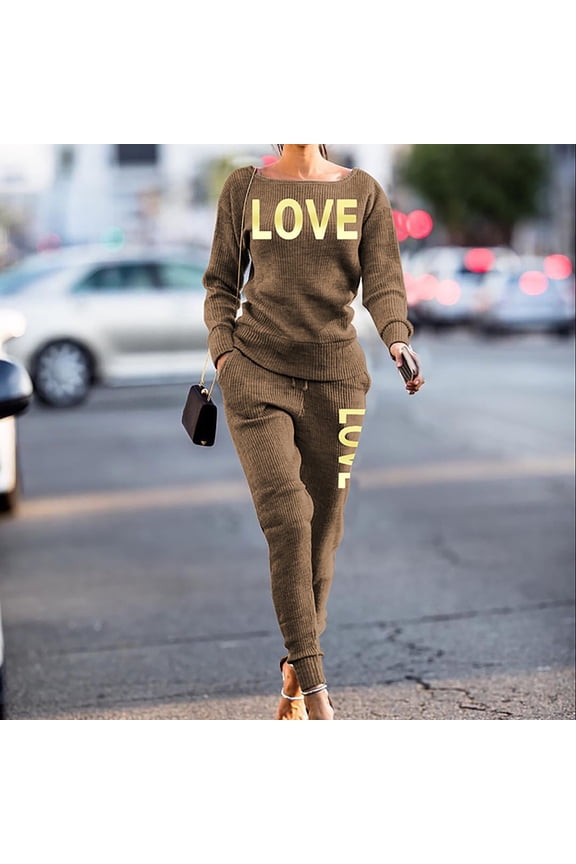 Tops and Pants Activewear Set Womens Sweatsuits 2pcs Sets Long Sleeved Printed Women Athletic Outfit Sets Brown Size M