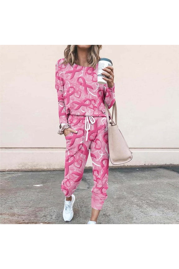 Tops and Pants Activewear Set Womens Sweatsuits 2pcs Sets Long Sleeved Relaxed Printed Round Neck Casual Set Pink Size L