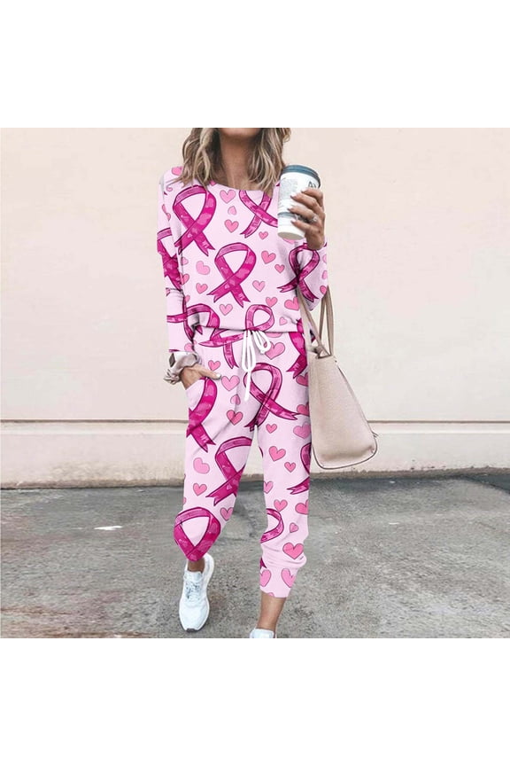 Tops and Pants Activewear Set Womens Sweatsuits 2pcs Sets Long Sleeved Relaxed Printed Round Neck Casual Set Pink Size M