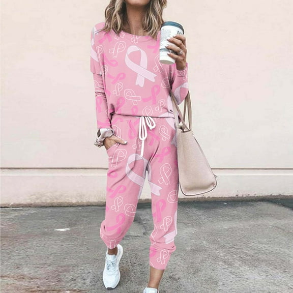 Itsame Tops and Pants Activewear Set Womens Sweatsuits 2pcs Sets Long Sleeved Relaxed Printed Round Neck Casual Set Pink Size M