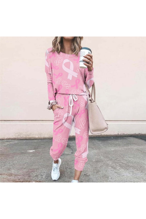 Tops and Pants Activewear Set Womens Sweatsuits 2pcs Sets Long Sleeved Relaxed Printed Round Neck Casual Set Pink Size M