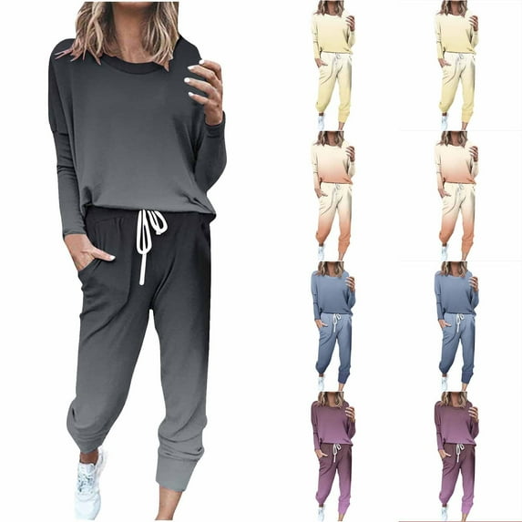 Itsame Tops and Pants Activewear Set Womens Sweatsuits 2pcs Sets Long Sleeved Relaxed Printed Round Neck Casual Set Watermelon Red Size L