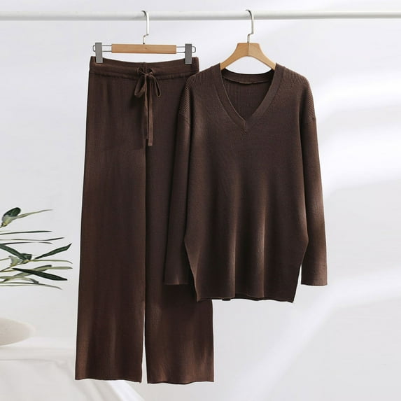 Itsame Tops and Pants Activewear Set Womens Sweatsuits 2pcs Sets Long Sleeved Solid Color V-neck Women Athletic Outfit Sets Coffee Size Free Size