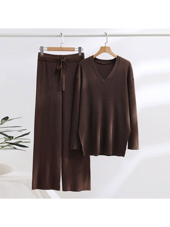 Tops and Pants Activewear Set Womens Sweatsuits 2pcs Sets Long Sleeved Solid Color V-neck Women Athletic Outfit Sets Coffee Size Free Size