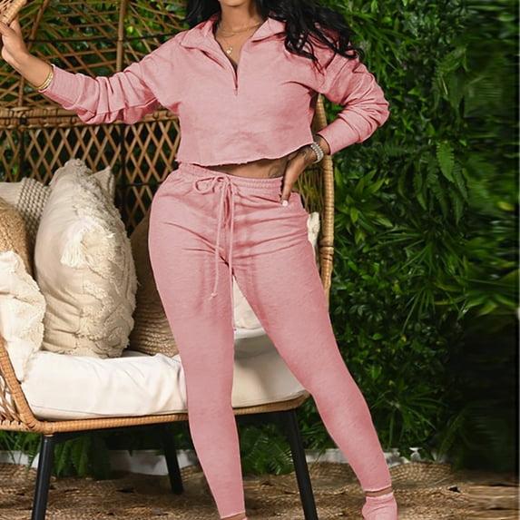 Itsame Tops and Pants Activewear Set Womens Sweatsuits 2pcs Sets Long Sleeved Solid Color Women Athletic Outfit Sets Pink Size XL
