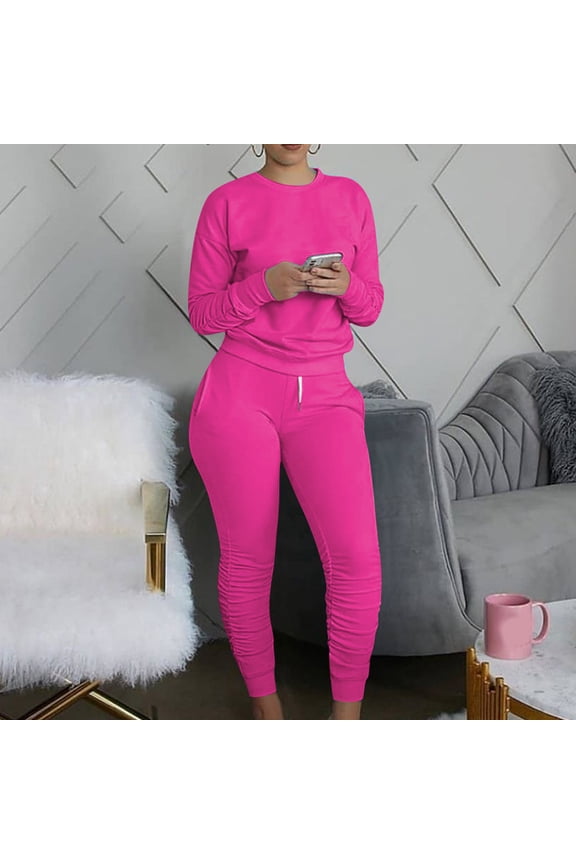 Tops and Pants Activewear Set Womens Sweatsuits 2pcs Sets Long Sleeved Women Athletic Outfit Sets Pink Size S