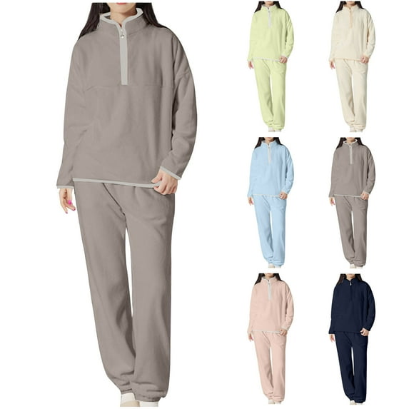 Itsame Tops and Pants Pajamas Set Womens Sleepwear 2pcs Sets Long Sleeved Pocket Solid Color Stand-Up Collar Women Casual Home set Navy Size M