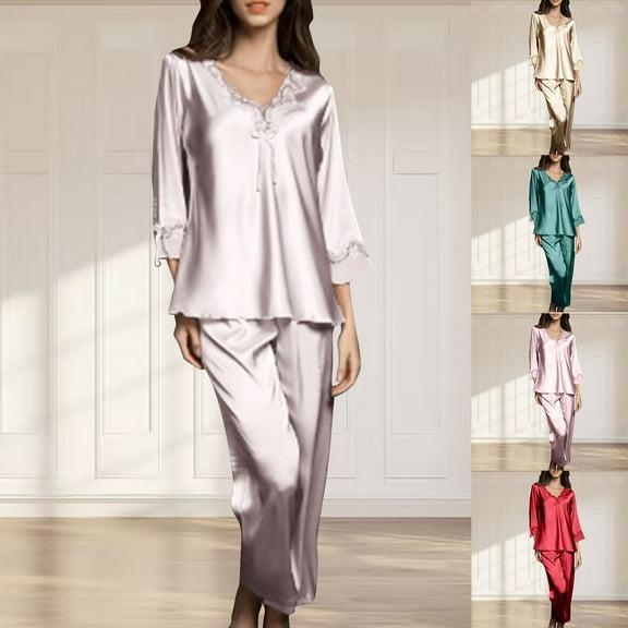 Itsame Tops and Pants Pajamas Set Womens Sleepwear 2pcs Sets Long Sleeved Silk Women Casual Home set Green Size 2XL