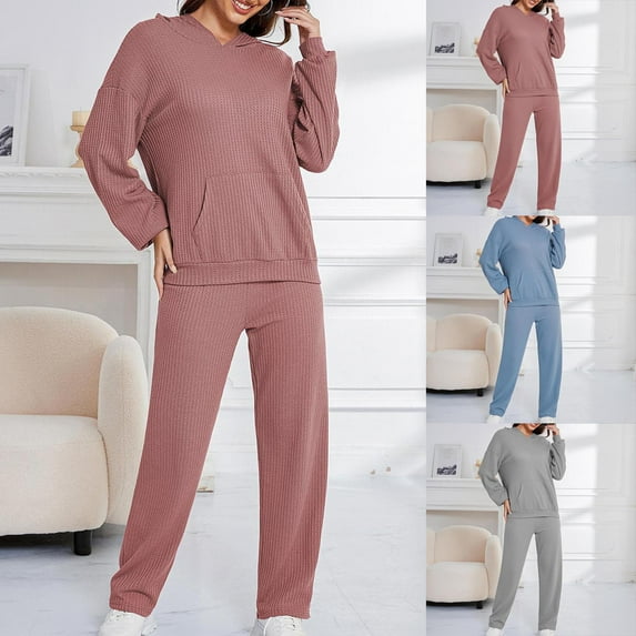 Itsame Tops and Pants Pajamas Set Womens Sleepwear 2pcs Sets Long Sleeved Solid Color Women Casual Home set Blue Size M