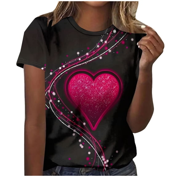 Itsame Valentine's Day T-Shirt Womens Heart Printed Short Sleeved Tops Relaxed Round Neck T Shirt Hot Pink Size M
