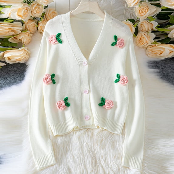 Itsame Women Cardigan Sweaters Button Loose V-Neck Sweater Long Sleeve Button Sweatertop White Size M