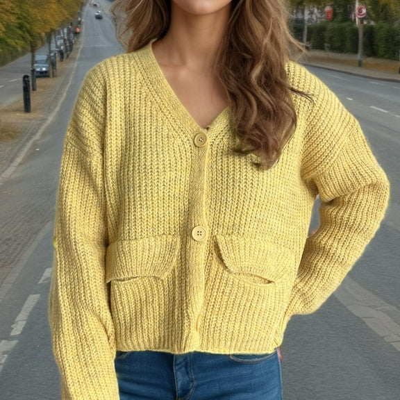 Itsame Women Cardigan Sweaters Button Loose V-Neck Sweater Long Sleeve Casual Relaxed Sweatertop Yellow Size M