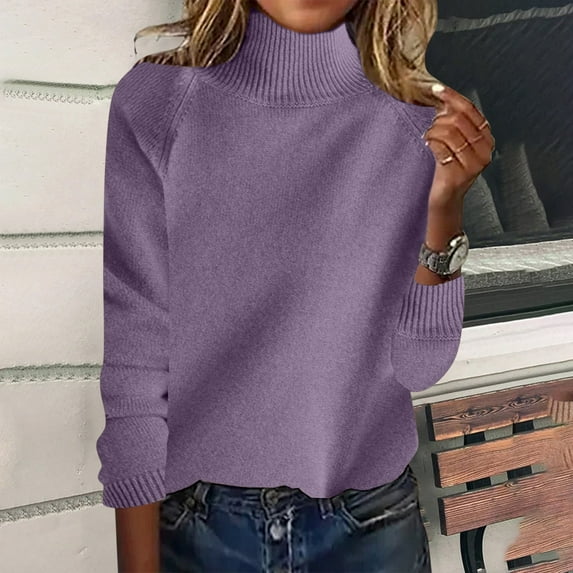 Itsame Women Cardigan Sweaters Loose High Neck Pullover Sweater Long Sleeve Solid Color Relaxed Sweatertop Purple Size L