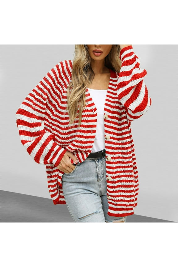 Women Cardigan Sweaters Loose V-Neck Sweater Long Sleeve Relaxed Sweatertop Red Size M