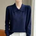 thumbnail image 1 of Itsame Women Knitted Polo Sweater V-Neck Knitted Sweaters Long Sleeves Solid Color Relaxed Lapel Collar Sweatshirts Navy Size L, 1 of 6