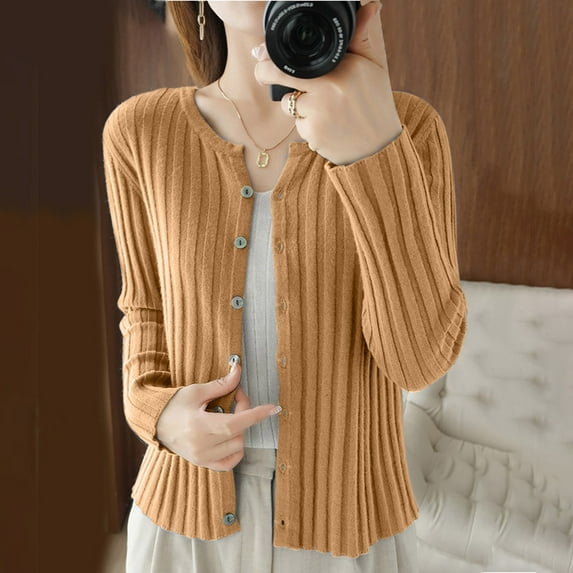 Itsame Women Knitted Sweater Crew Neck Pullover Sweatershirt Long Sleeves Solid Color Button Sweatshirts Khaki Size XL