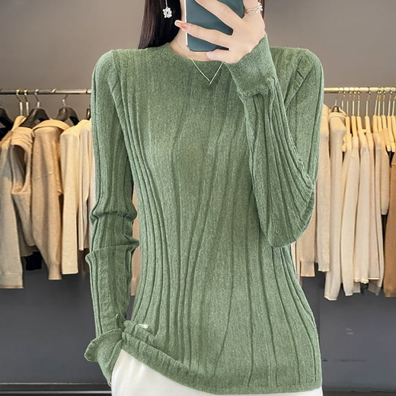 Itsame Women Knitted Sweater Crew Neck Pullover Sweatershirt Long Sleeves Solid Color Relaxed Sweatshirts Green Size XL