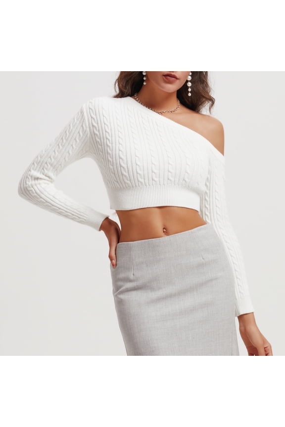 Women Knitted Sweater Half Shoulder Knitted Sweaters Long Sleeves New Solid Color Sweatshirts White Size L