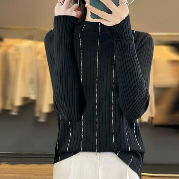 Itsame Women Knitted Sweater High Neck Pullover Sweatershirt Long Sleeves Sequin Solid Color Relaxed Sweatshirts Black Size L