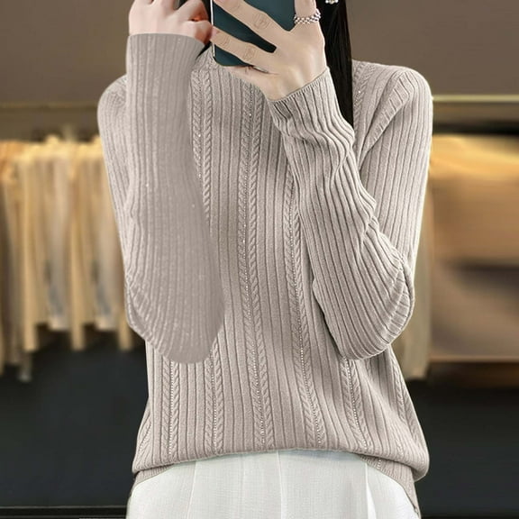 Itsame Women Knitted Sweater High Neck Pullover Sweatershirt Long Sleeves Sequin Solid Color Relaxed Sweatshirts Brown Size L