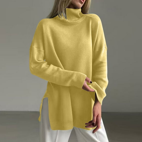 Itsame Women Knitted Sweater High Neck Pullover Sweatershirt Long Sleeves Solid Color Relaxed Sweatshirts Yellow Size L