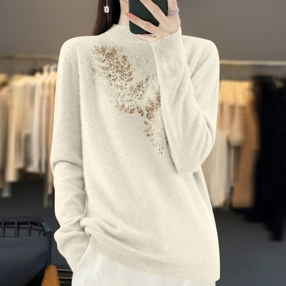 Itsame Women Knitted Sweater High Neck Pullover Sweatershirt Long Sleeves Solid Color Sweatshirts Coffee Size M