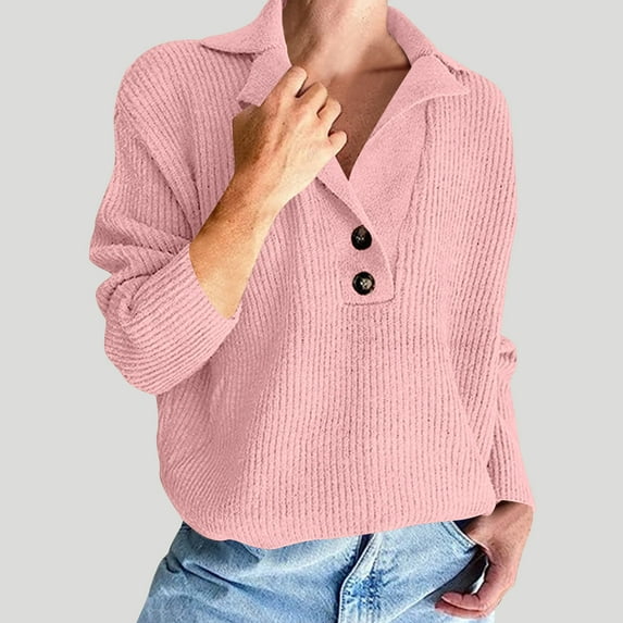 Itsame Women Knitted Sweater V-Neck Knitted Sweaters Long Sleeves New Solid Color Relaxed Lapel Collar Sweatshirts Pink Size L