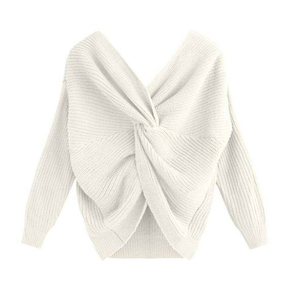 Itsame Women Knitted Sweater V-Neck Knitted Sweaters Long Sleeves Solid Color Relaxed Sweatshirts White Size Free Size