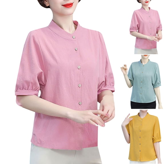 Itsame Women Linen Short Shirt Sleeved Tops Womens Casual T-Shirt Round Neck Cotton T Shirt Yellow Size M