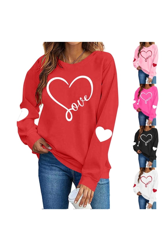 Women Long Sleeve Heart T-Shirts Valentine's Sweatshirt Loose Crew Neck Tops Hot Pink Size M