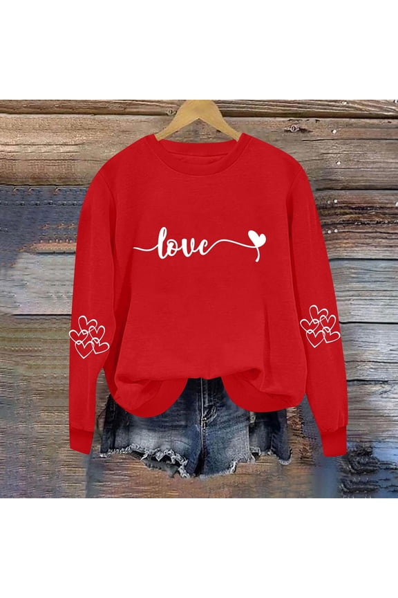 Women Long Sleeve T-Shirts Valentine's Sweatshirt Loose Crew Neck Tops Red Size L