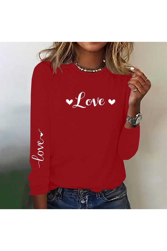 Women Long Sleeve T-Shirts Valentine's Sweatshirt Loose Crew Neck Tops Red Size M