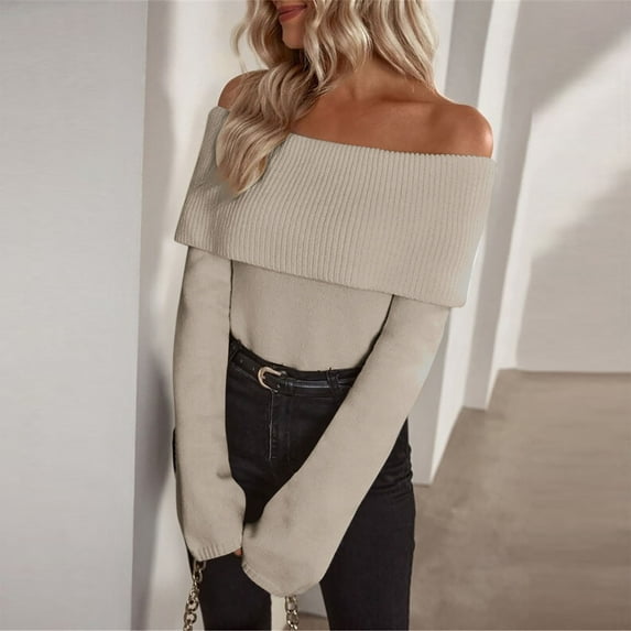 Itsame Women Off Shoulder Sweaters Loose Crew Neck Pullover Sweater Long Sleeve Solid Color Sweatertop Beige Size S