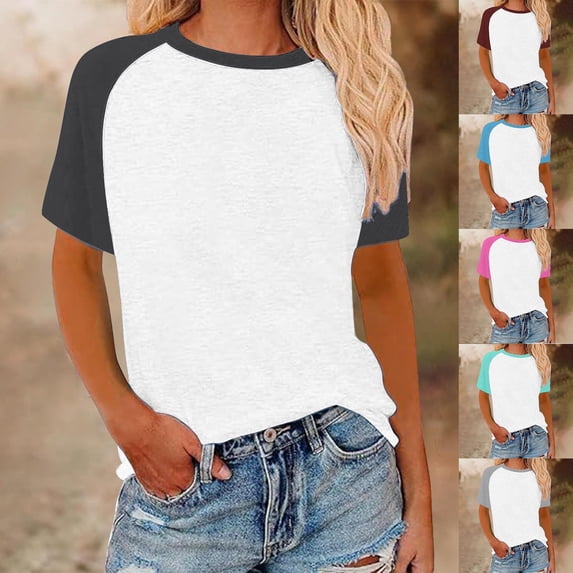 Itsame Women Plain Short Shirt Sleeved Tops Womens Casual T-Shirt Fashionable Round Neck T Shirt Pink Size 2XL