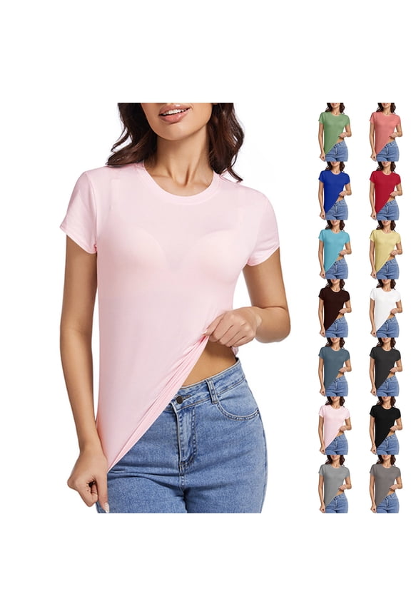 Women Plain Short Shirt Sleeved Tops Womens Casual T-Shirt Relaxed Round Neck T Shirt Light Blue Size L