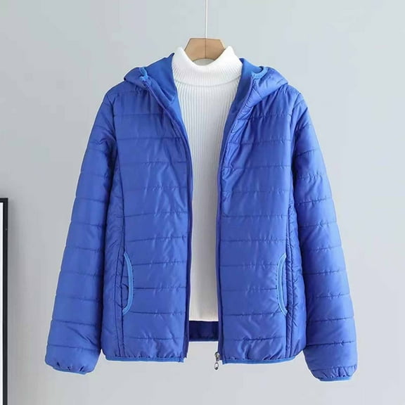Itsame Women Puffer Jackets Hood Winter Coats Pocket Solid Color Casual Relaxed Zipper Cotton Lightweight for Women Quilted Jacket Blue Size L